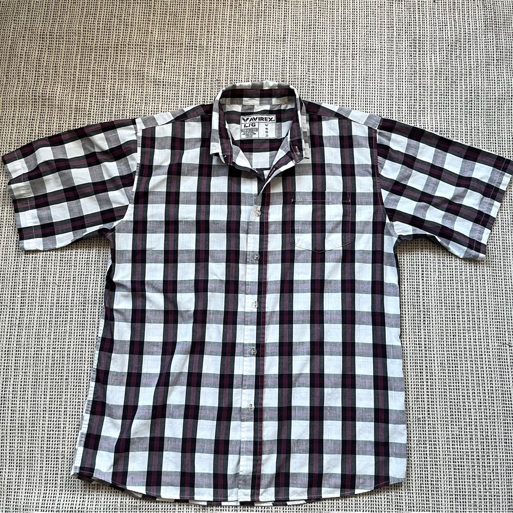 AVIREX Men’s Plaid Purple Black White Button Up Shirt with Collar Size Large